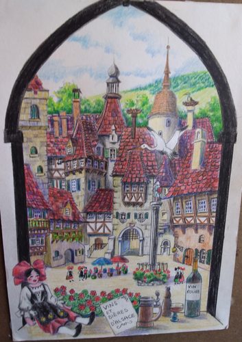 Chris B, French marketplace, coloured pencil.